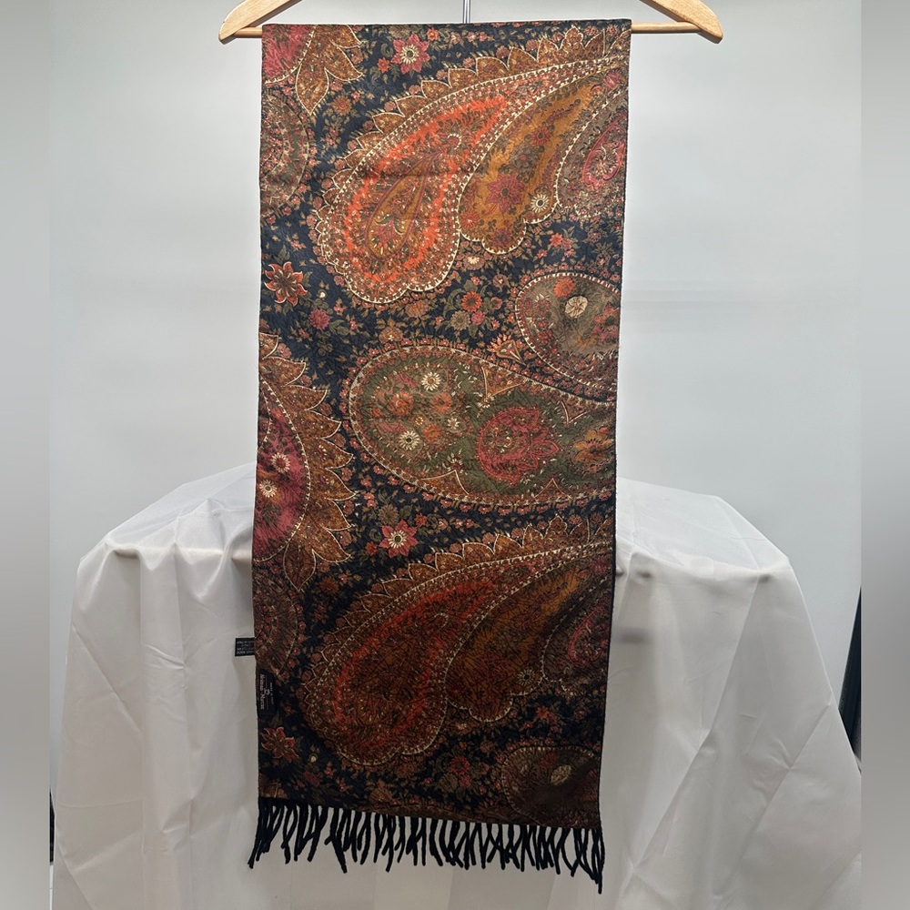 Neiman Marcus dark paisley silk and wool double panel scarf